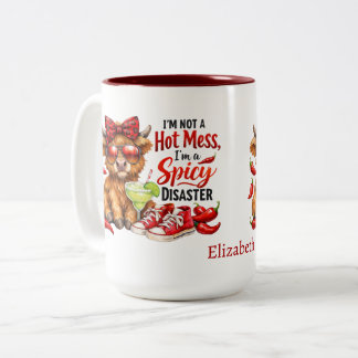 Tasse 2 Couleurs Monogram Highland Cow Hot Mess Funny Humorous 