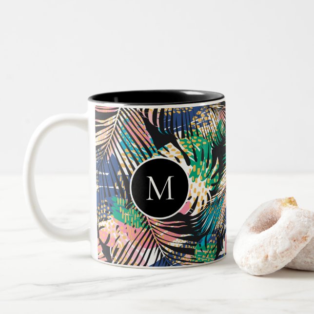 Tasse 2 Couleurs Monograme de l'impression tropicale (Avec donut)