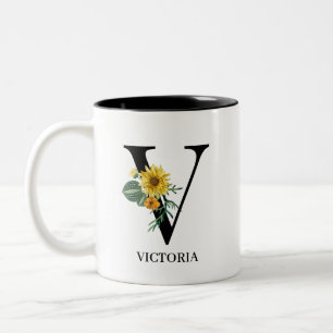 Tasse 2 Couleurs Monogramme Alphabet Floral Personnalisé V