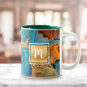 Tasse 2 Couleurs Monogramme aquarelle marbre or turquoise orange