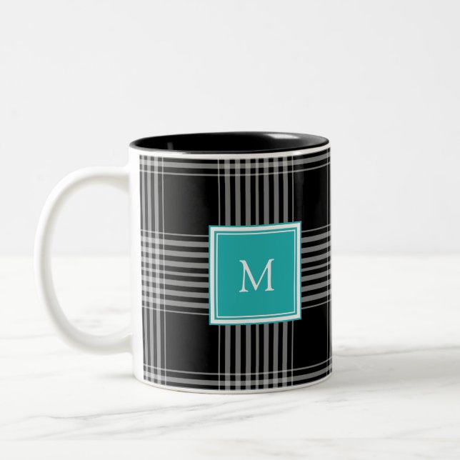 Tasse 2 Couleurs Monogramme blanc noir moderne de plaid de buffle (Gauche)