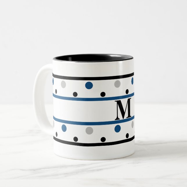 Tasse 2 Couleurs Monogramme bleu argent noir Pois (Devant gauche)