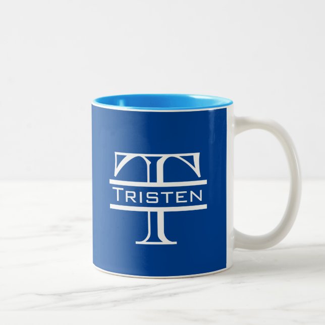 Tasse 2 Couleurs Monogramme bleu classique blanc (Droit)