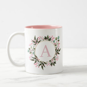 Tasse 2 Couleurs Monogramme circulaire rose modifiable initial