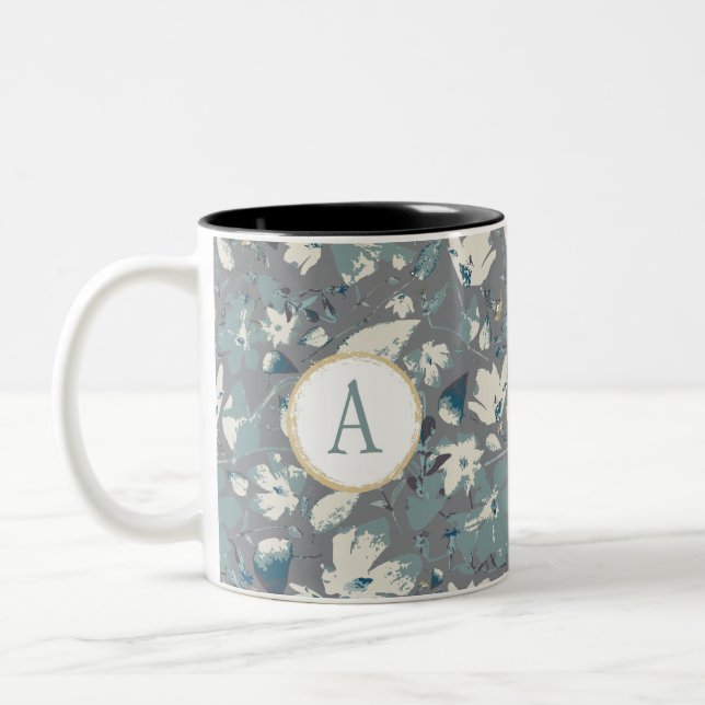 Tasse 2 Couleurs Monogramme Clematis Gris Bleu Aquarelle Fleurs (Gauche)
