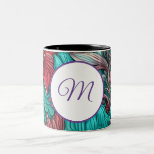Tasse 2 Couleurs Monogramme, Cyan Blue Red Flowers