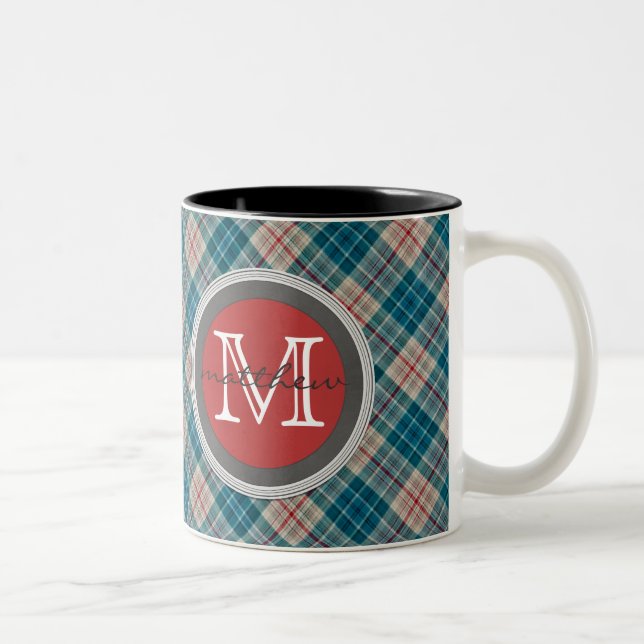Tasse 2 Couleurs Monogramme d'arrière - plan de plaid de rouge bleu (Droit)