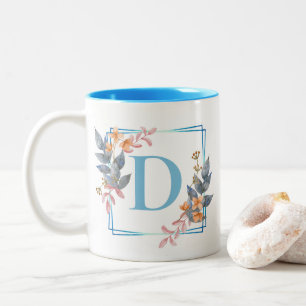Tasse 2 Couleurs Monogramme de bordure florale Carré bleu personnal
