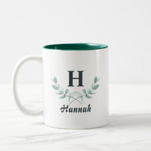 Tasse 2 Couleurs Monogramme de feuille d'eucalyptus vert chasseur