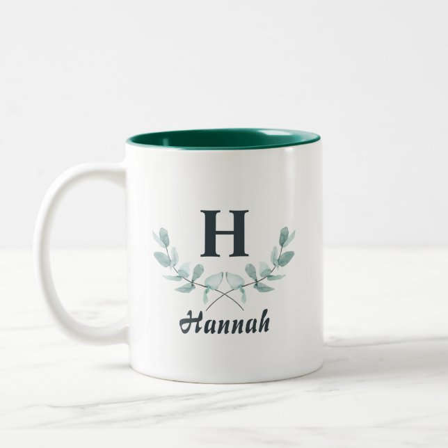 Tasse 2 Couleurs Monogramme de feuille d'eucalyptus vert chasseur (Gauche)