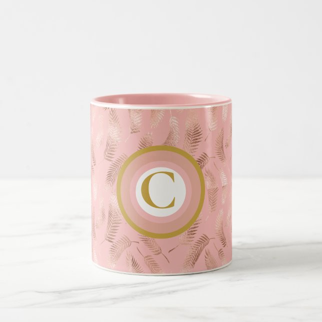 Tasse 2 Couleurs Monogramme de feuilles tropicales rose et or (Créateur téléchargé)