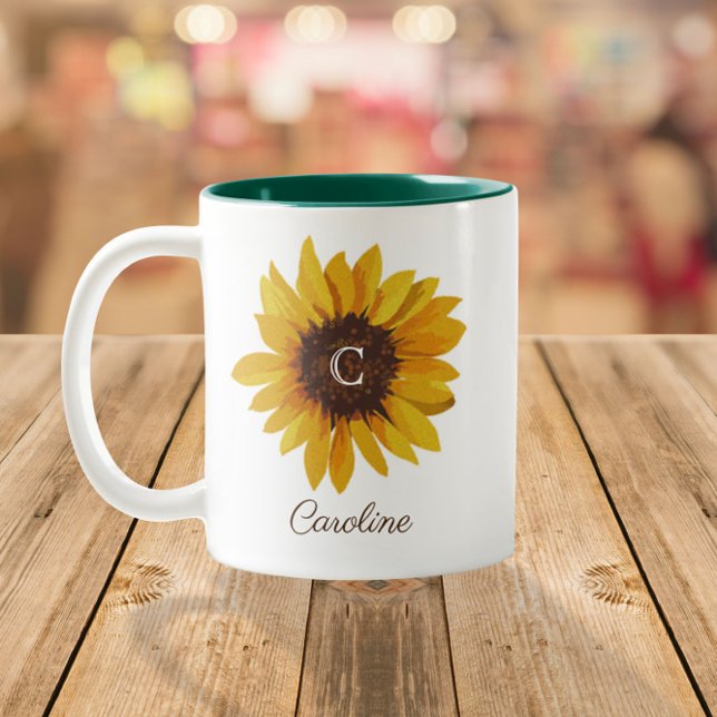 Tasse 2 Couleurs Monogramme de nom Tournesol aquarelle (Créateur téléchargé)