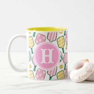 Tasse 2 Couleurs Monogramme de Pickleball Rose et Jaune Preppy