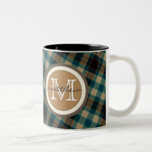 Tasse 2 Couleurs Monogramme de plaid de brun bleu