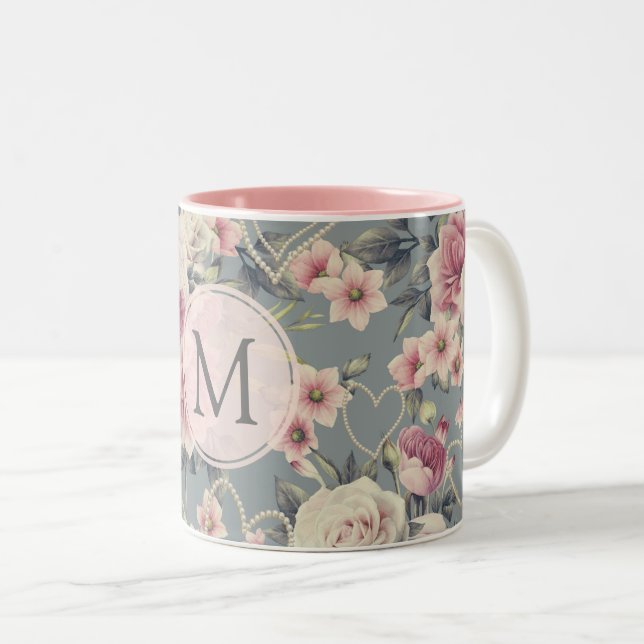 Tasse 2 Couleurs Monogramme de roses roses et de coeurs de perle (Devant droit)