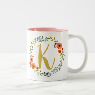 Tasse 2 Couleurs Monogramme d'or des fleurs botaniques K initial