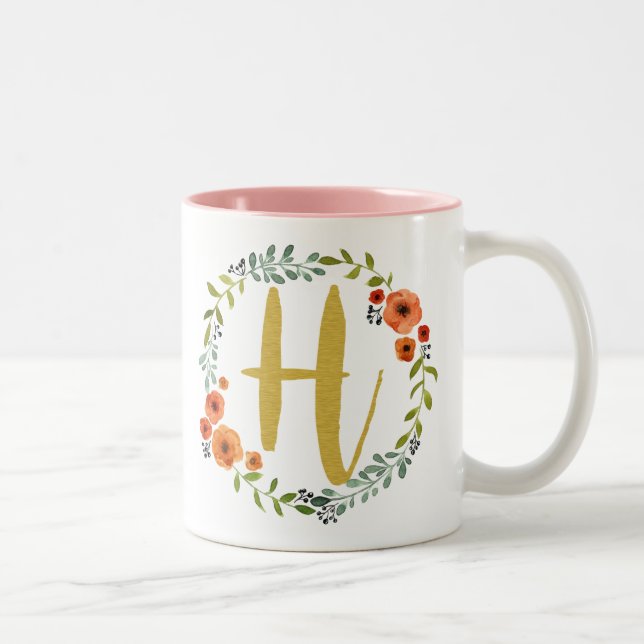 Tasse 2 Couleurs Monogramme d'or des fleurs H initial (Droit)