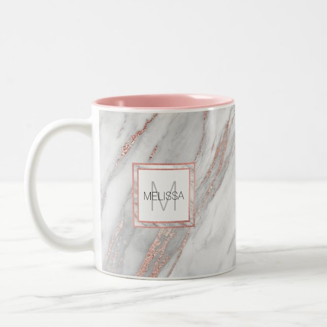Tasse 2 Couleurs MONOGRAMME élégant de gris de marbre de feuille (Gauche)