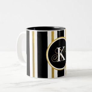 Tasse 2 Couleurs Monogramme Elégant Noir & Or Personnalisé
