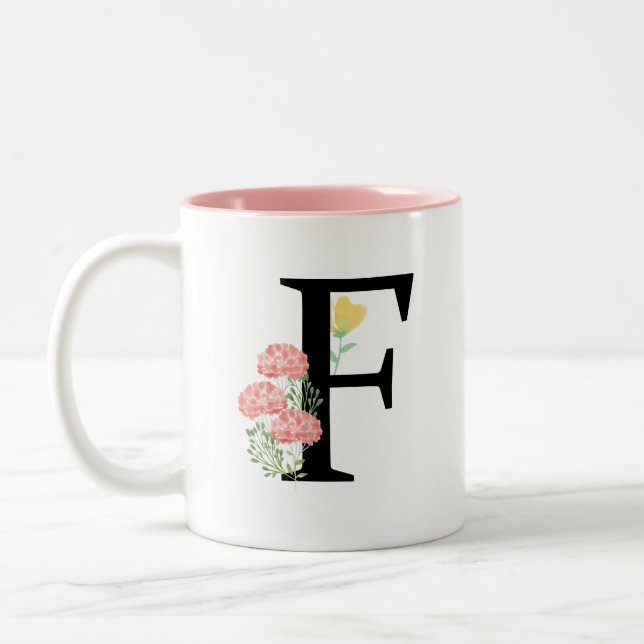 Tasse 2 Couleurs Monogramme F Aquarelle Florale Spray Moderne Chic (Gauche)