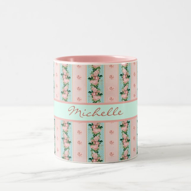 Tasse 2 Couleurs Monogramme feminin Papier peint rose Mint (Centre)