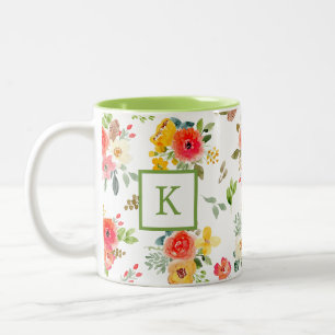 Tasse 2 Couleurs Monogramme Fleurs Florales Aquarelle Colorées Été