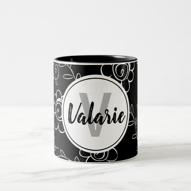 Tasse 2 Couleurs Monogramme floral noir et blanc simple (Centre)