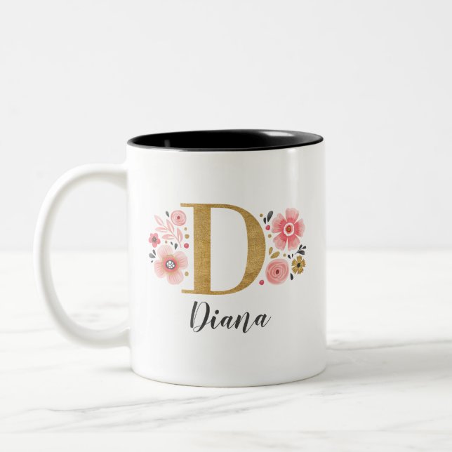 Tasse 2 Couleurs Monogramme floral rose Lettre initiale D (Gauche)
