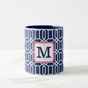 Tasse 2 Couleurs Monogramme géométrique octogone blanc de la marine