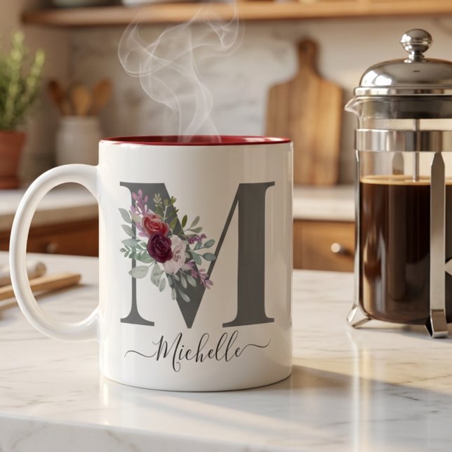 Tasse 2 Couleurs monogramme Initial Nom Floral (Créateur téléchargé)