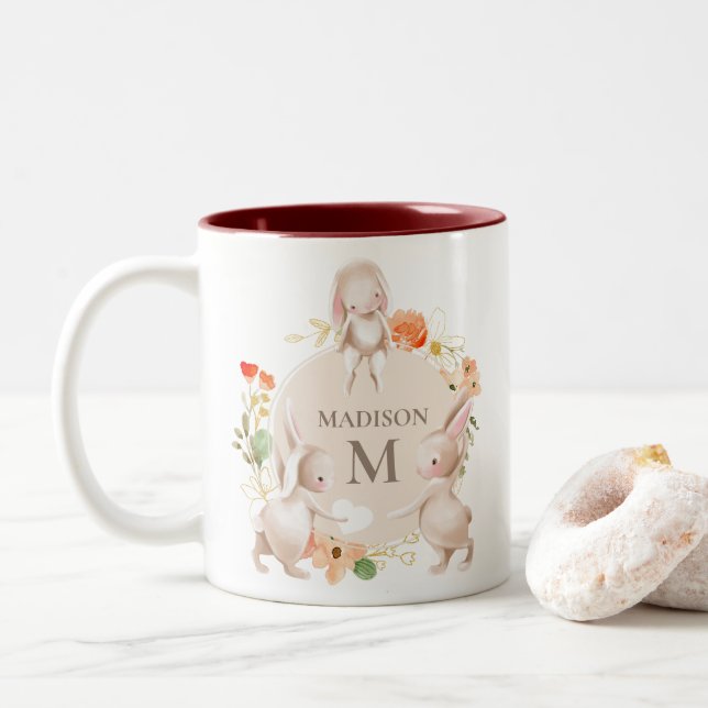 Tasse 2 Couleurs Monogramme Lapin lapins Floral Pâques Personnalisé (Avec donut)