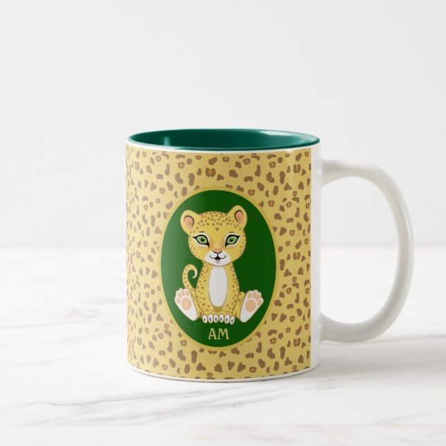 Tasse 2 Couleurs Monogramme & Léopard sur Vert Marron & Beige Doré (Droit)