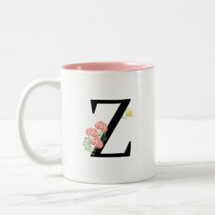 Tasse 2 Couleurs Monogramme lettre Z fleurs aquarelle rose jaune