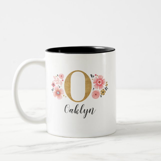 Tasse 2 Couleurs Monogramme moderne Nom Floral rose (Gauche)
