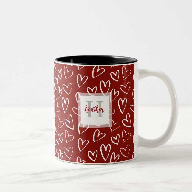 Tasse 2 Couleurs Monogramme moderne Rouge Valentine Motif de coeur (Droit)
