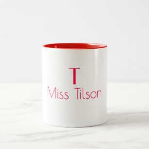 Tasse 2 Couleurs Monogramme Nom Minimaliste Rouge Moderne Instructe