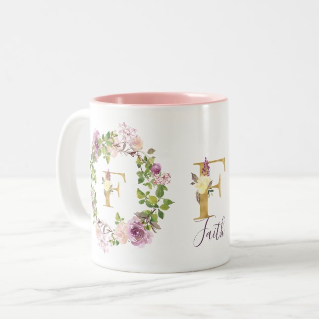 Tasse 2 Couleurs Monogramme Or moderne F Aquarelle Florale Wreath (Devant gauche)