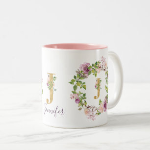 Tasse 2 Couleurs Monogramme Or Moderne J Couronne Florale Aquarelle