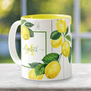 Tasse 2 Couleurs Monogramme pays citrons aquarelle sur bois rustiqu