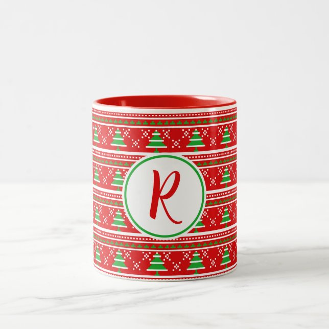 Tasse 2 Couleurs Monogramme Red Green Christmas Trees (Centre)