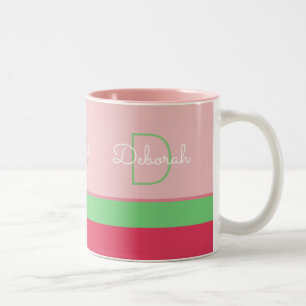Tasse 2 Couleurs monogramme rose et vert sur mesure avec rayures