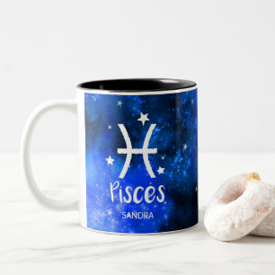 Tasse 2 Couleurs Monogramme, signe zodiaque, Pisces avec galaxie bl