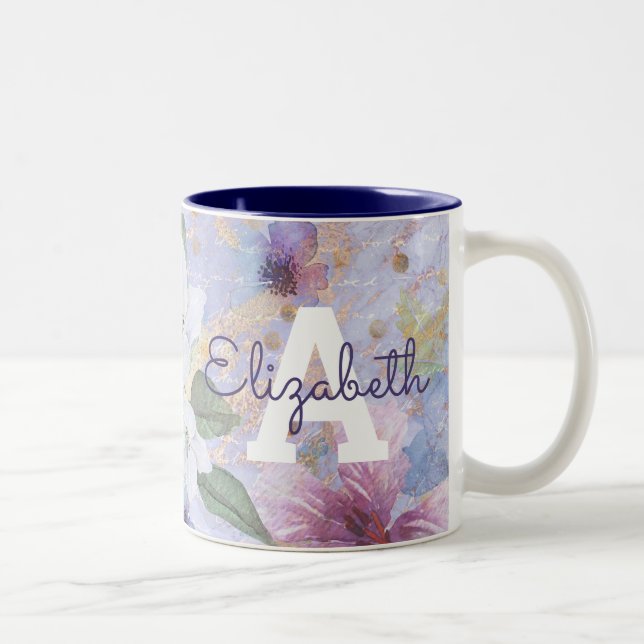 Tasse 2 Couleurs monogramme vintage d'aquarelle bleu violet fleuri (Droit)