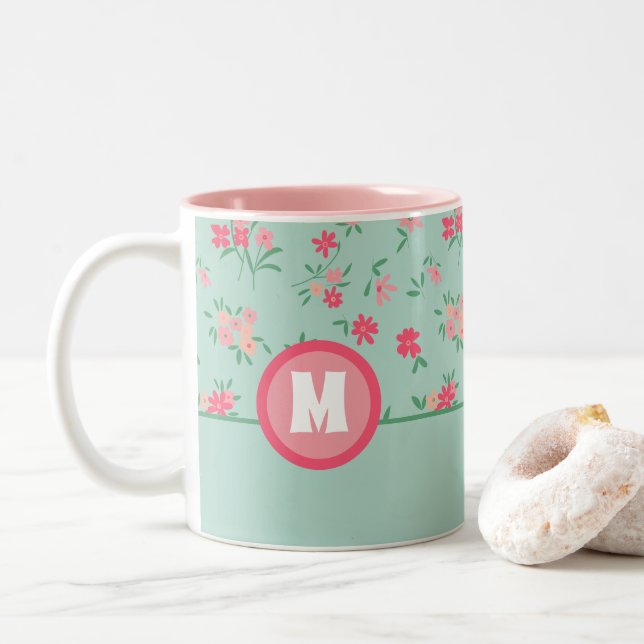 Tasse 2 Couleurs Monogrammes Tons Rose Dainty Fleurs (Avec donut)