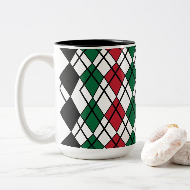 Tasse 2 Couleurs Motif Argyll Noir Vert Rouge (Avec donut)