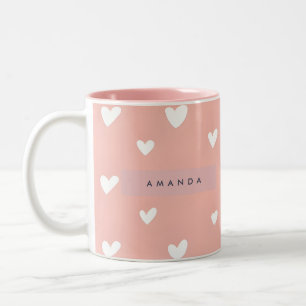 Tasse 2 Couleurs Motif Cœur Blanc Personnalisé sur Rose Pâle