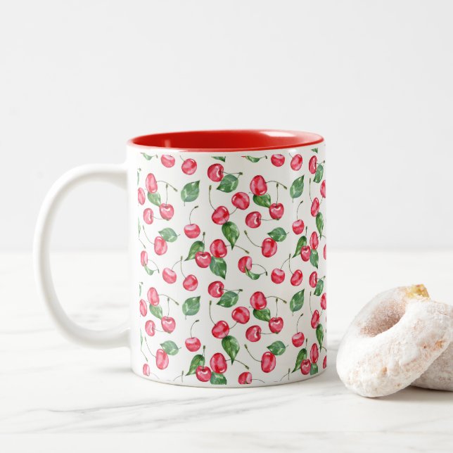 Tasse 2 Couleurs Motif d'aquarelle cerise (Avec donut)