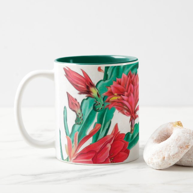 Tasse 2 Couleurs Motif de cactus à fleurs rouges vertes (Avec donut)
