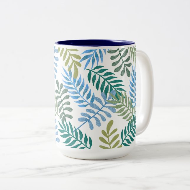 Tasse 2 Couleurs Motif de feuilles ombrées de bleu avec éclat (Devant droit)