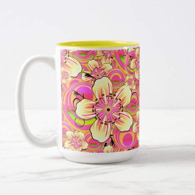Tasse 2 Couleurs motif de fleur rose funky (Gauche)